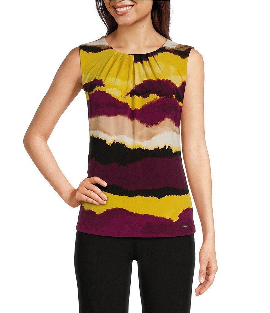 Calvin Klein Abstract Printed Jewel Sleeveless Pleat Neck Cami Top Product Image