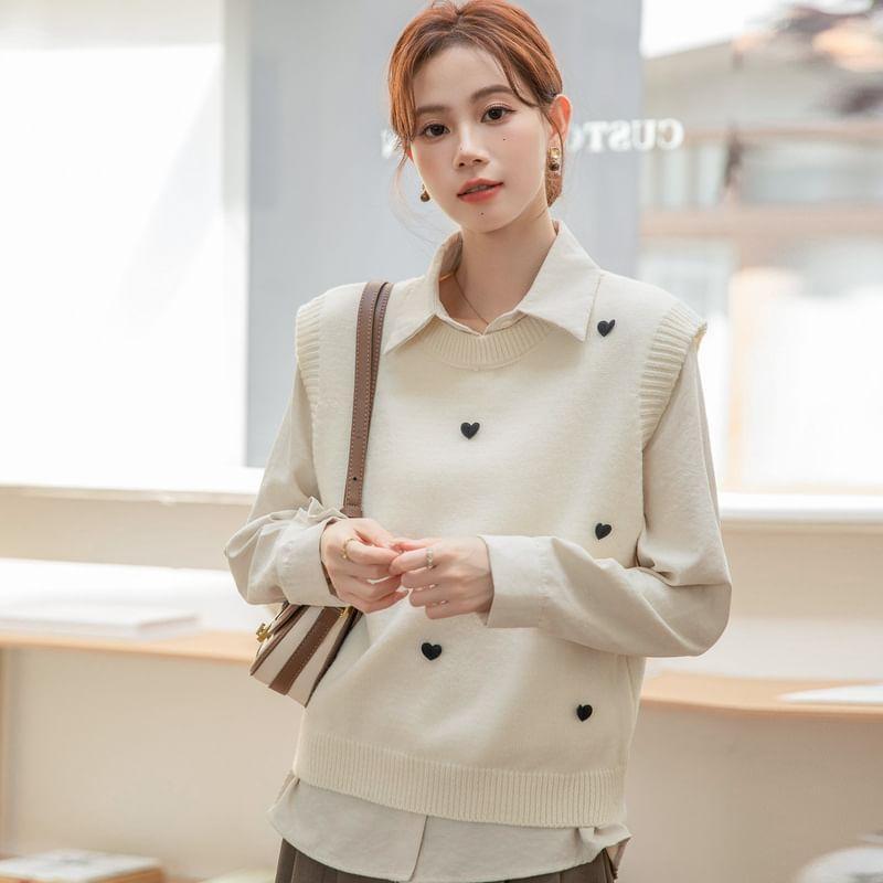 Round Neck Heart Detail Sweater Vest / Long-Sleeve Collared Plain Shirt Product Image