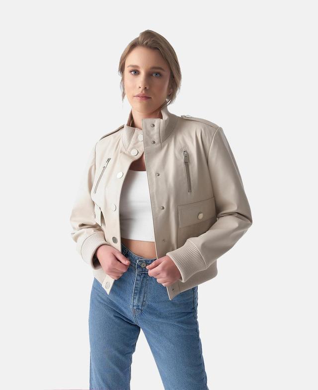 Womens Genuine Leather Bomber Jacket Nappa - Beige Product Image