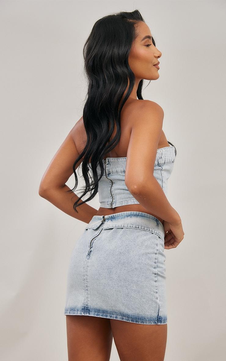 Light Blue Wash Dipped Hem Bandeau Denim Top Product Image