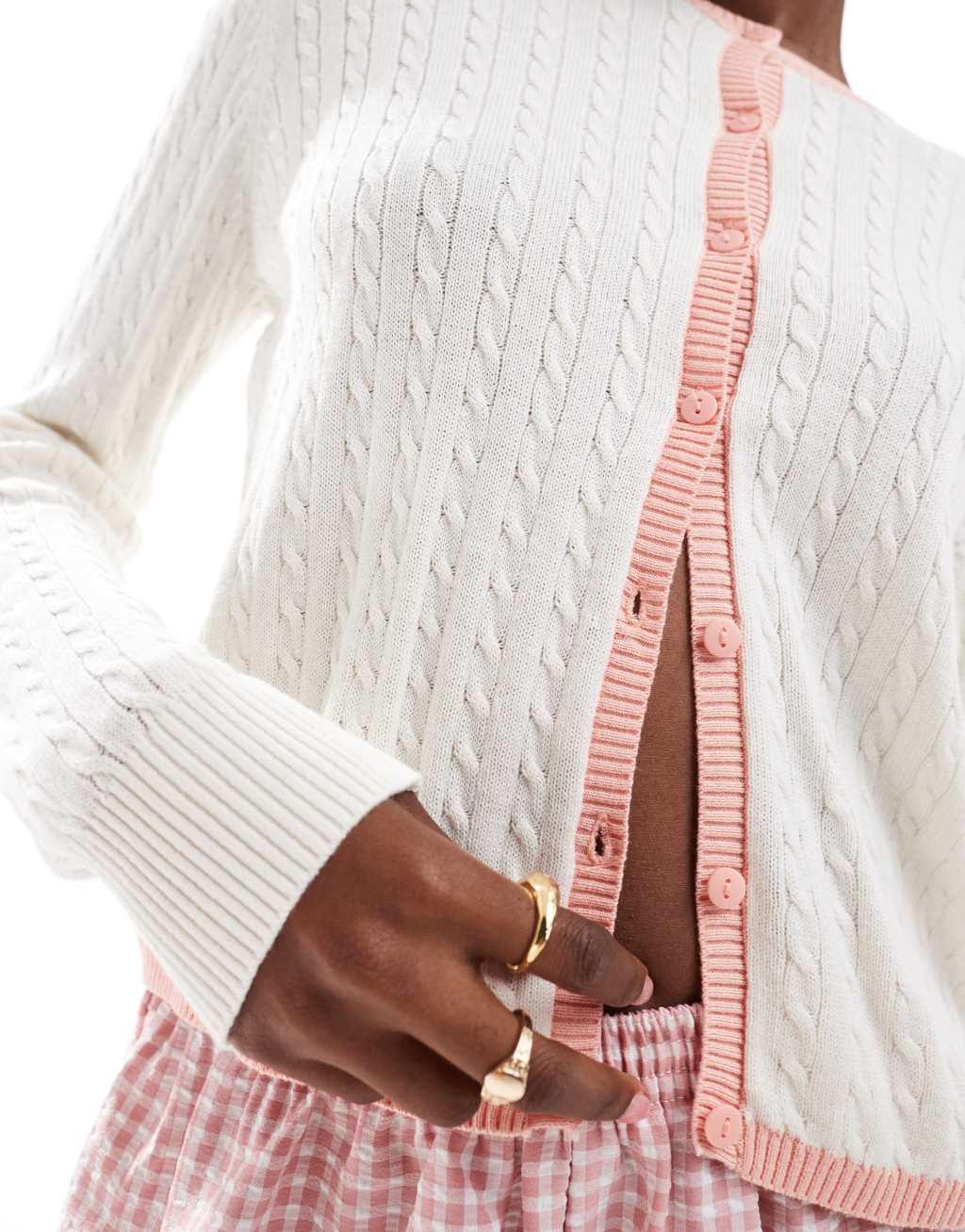 Monki button front cardigan in off white with pink contrast trim Product Image