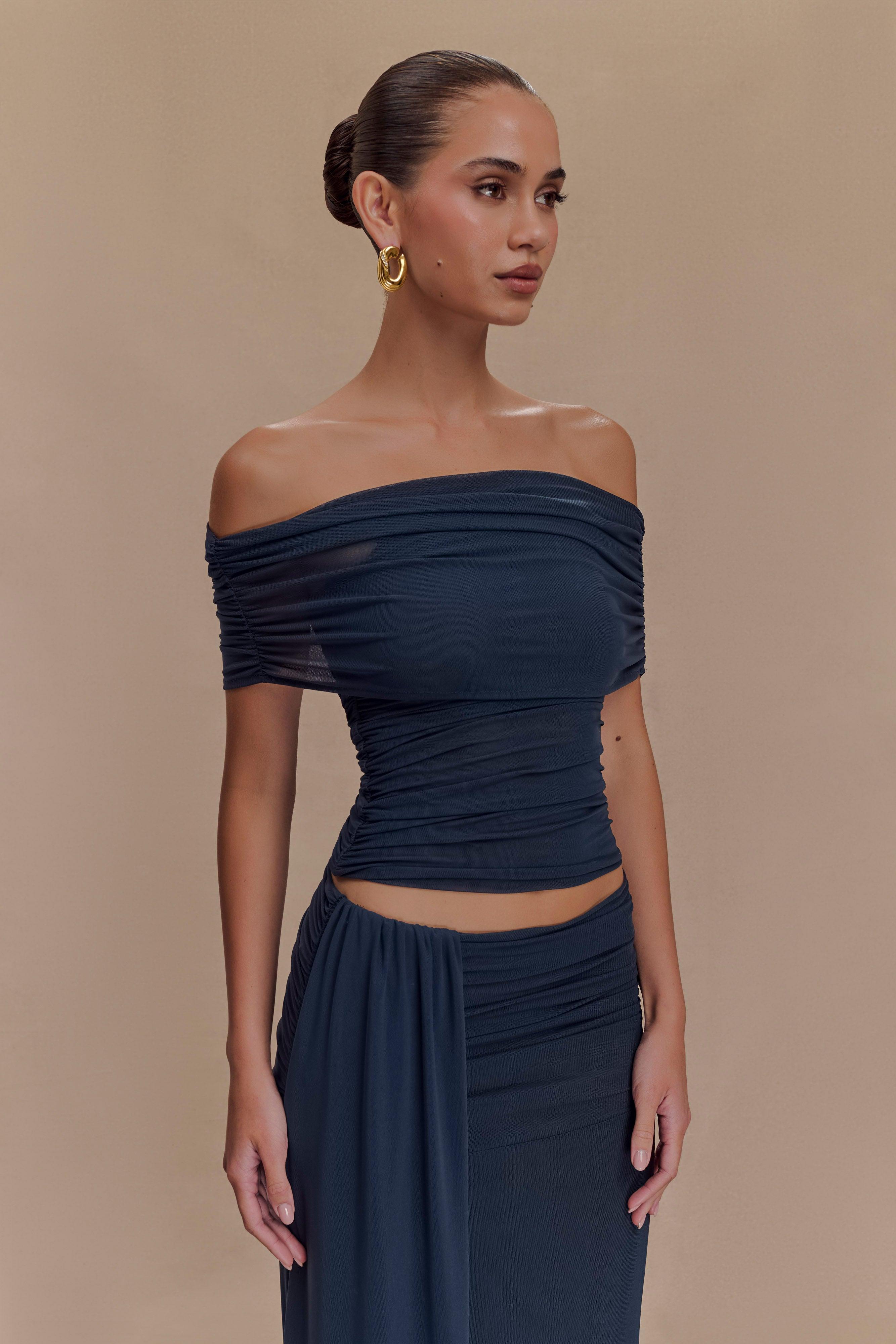 Arna Off Shoulder Mesh Crop Top - Midnight Blue Product Image