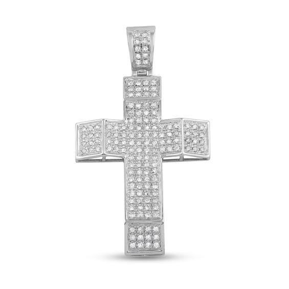 Men's 1 CT. T.W Diamond Multi-Row Slope-Ends Cross Necklace Charm in 10K White Gold Product Image