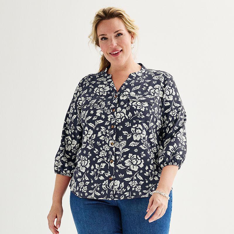 Plus Size Croft & Barrow Y Neck Button Front Blouse, Womens Blue Blooms Product Image