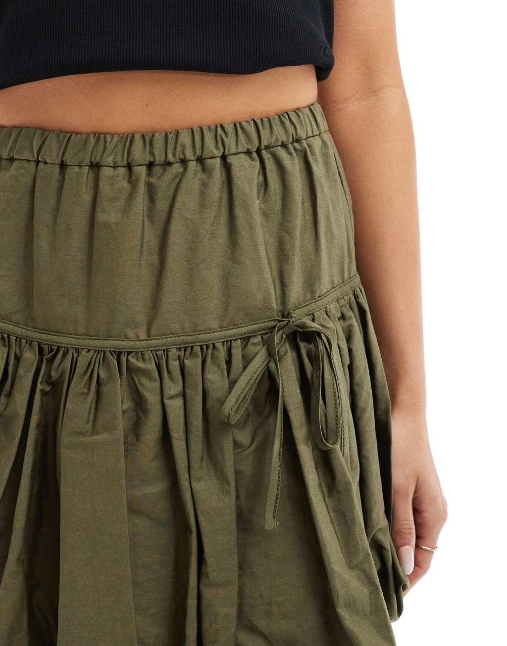 Miss Selfridge poplin puffball mini skirt in khaki Product Image