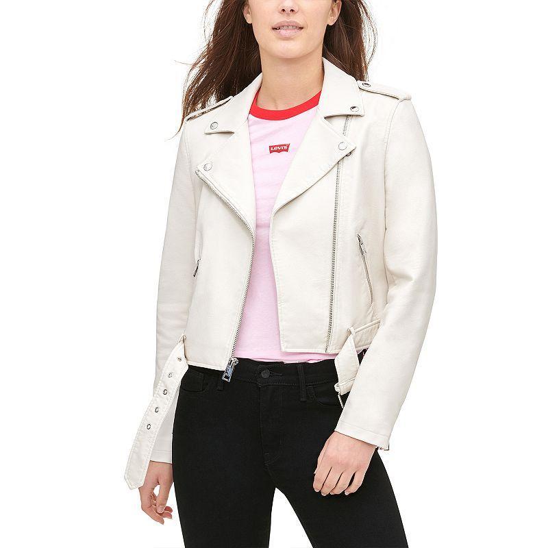 Womens Levis Belted Faux Leather Motorcycle Jacket White Product Image