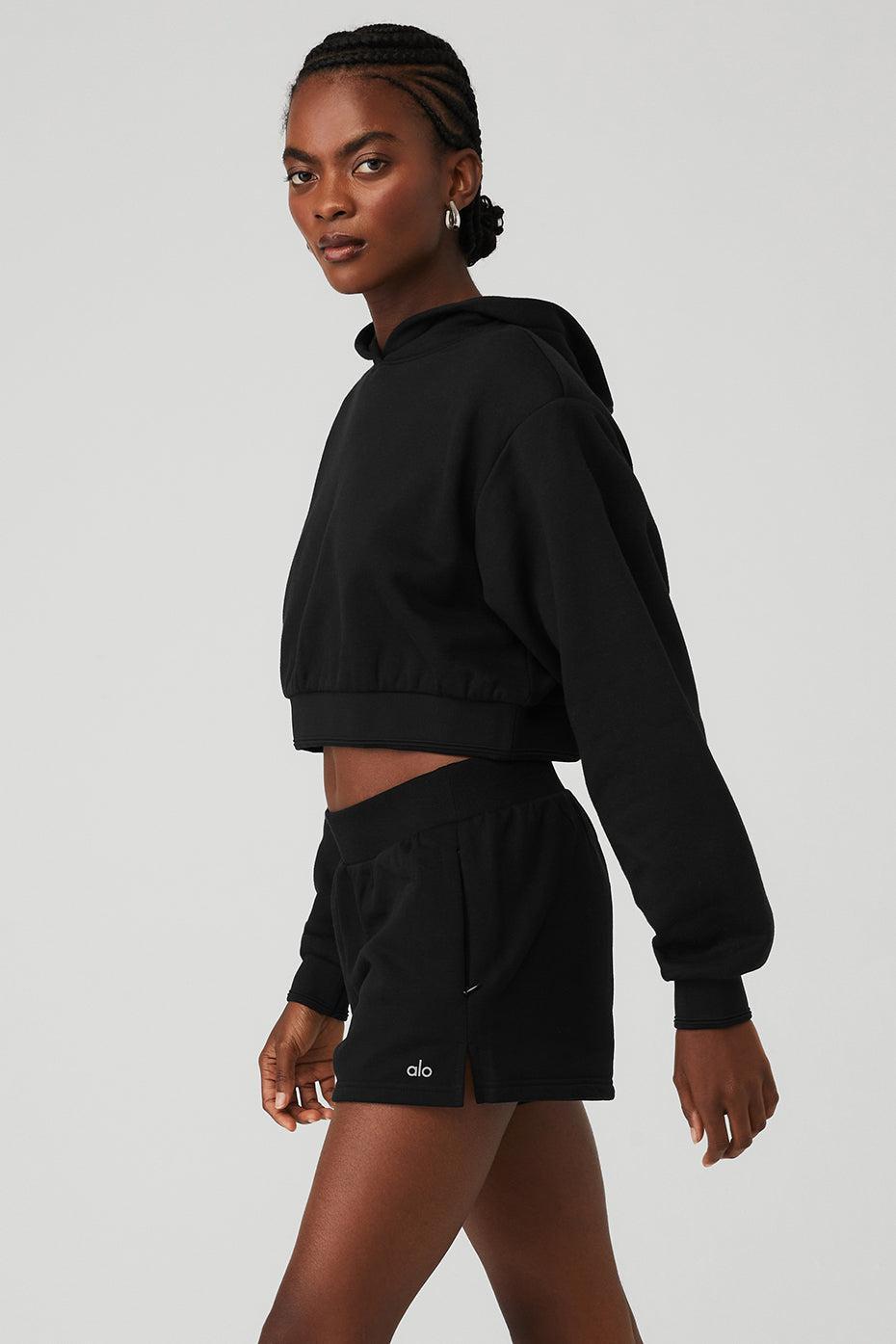 Cropped Headliner Shoulder Pad Hoodie - Black Female Product Image