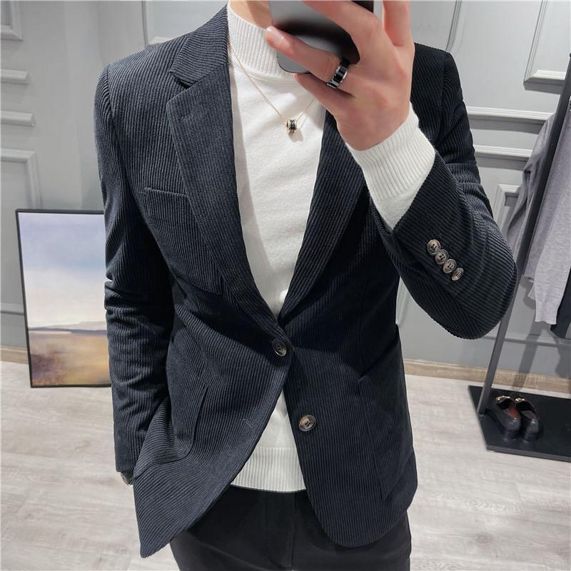 Lapel Collar Plain Pocket Detail Corduroy Single-Breasted Blazer Product Image