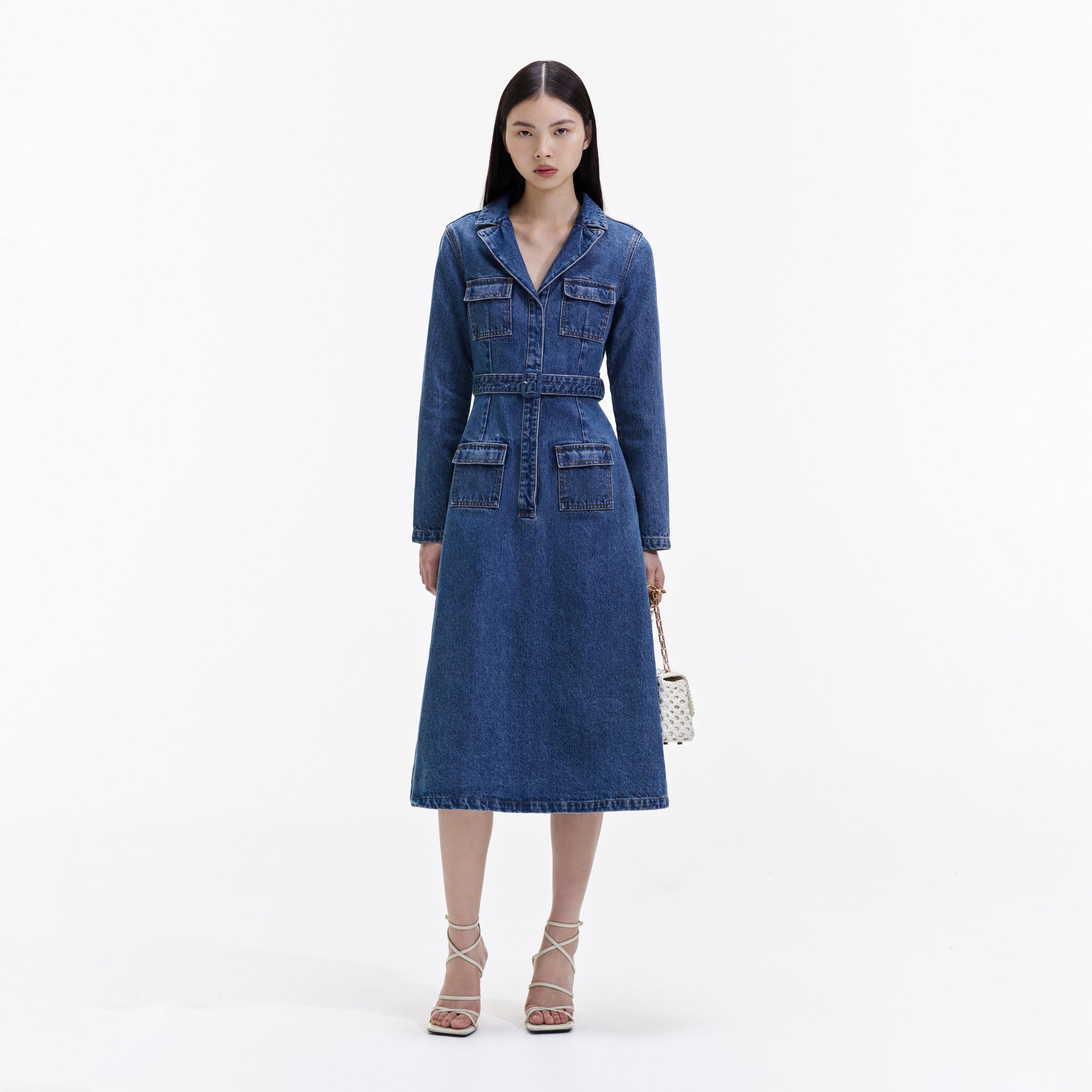 Blue Denim Belted Midi Dress Product Image