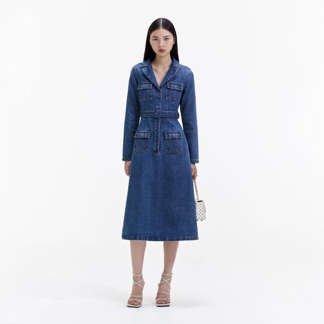 Blue Denim Belted Midi Dress Product Image