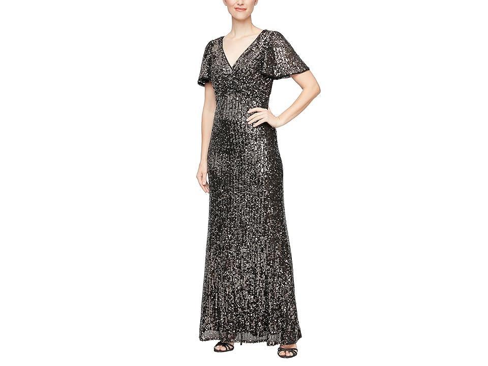 Alex Evenings Long Sequins Gown with Flutter Sleeves and Front Knot Detail Bronze) Women's Dress Product Image