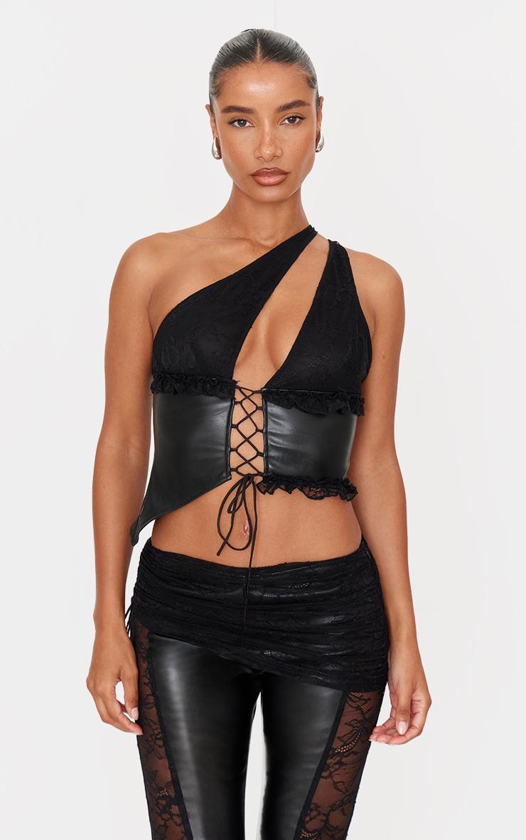 Black Faux Leather Lace Trim Tie Up V Neck Top Product Image