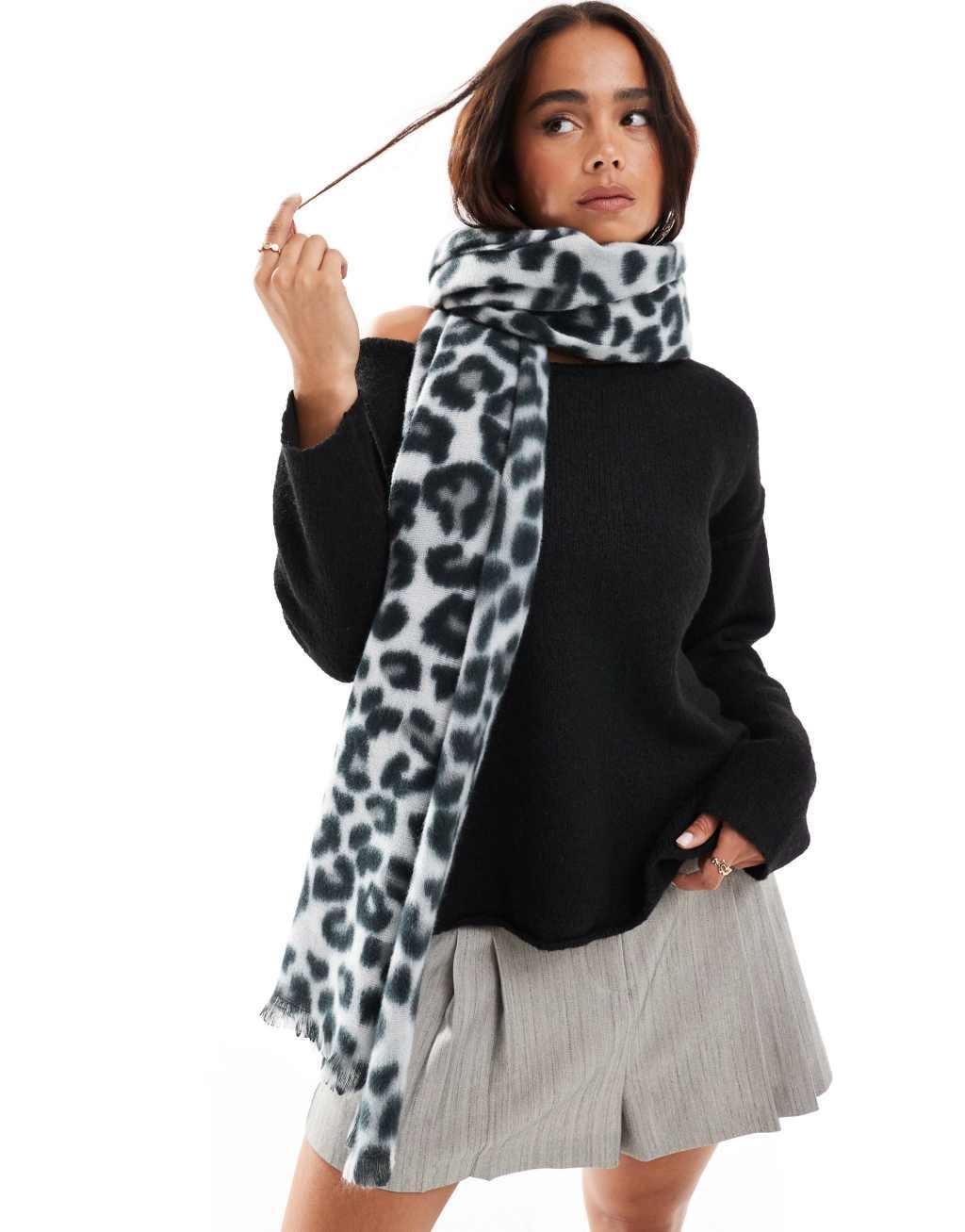 ASOS DESIGN scarf with tonal gray leopard design Product Image