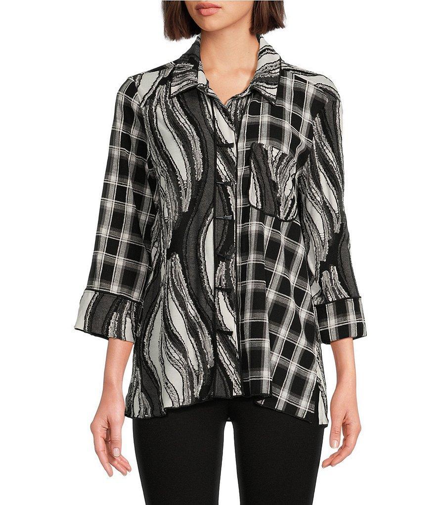 Ali Miles Mixed Knit Woven Print Point Collar 3/4 Sleeve Hi-Low Hem Button-Front Tunic Product Image