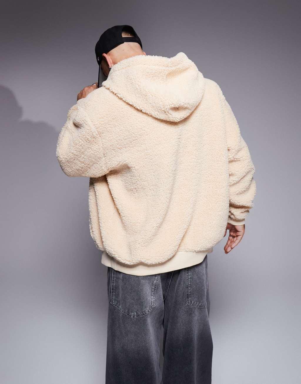 ASOS DESIGN oversized borg zip through hoodie in off white Product Image