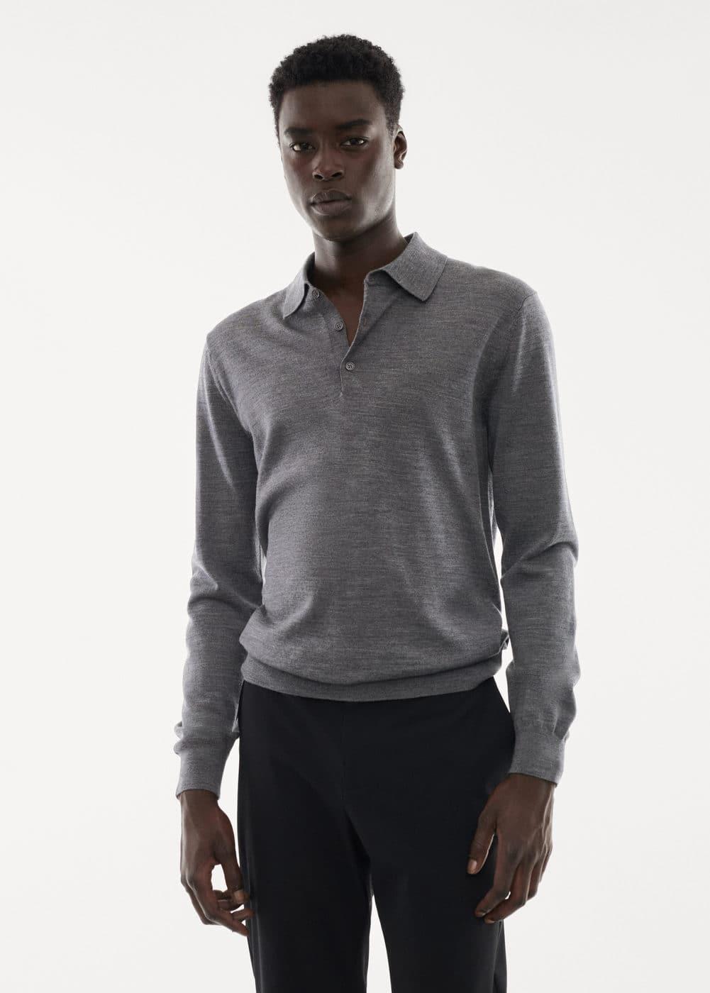 MANGO MAN - 100% merino wool long- sleeved polo shirt greyMen Product Image