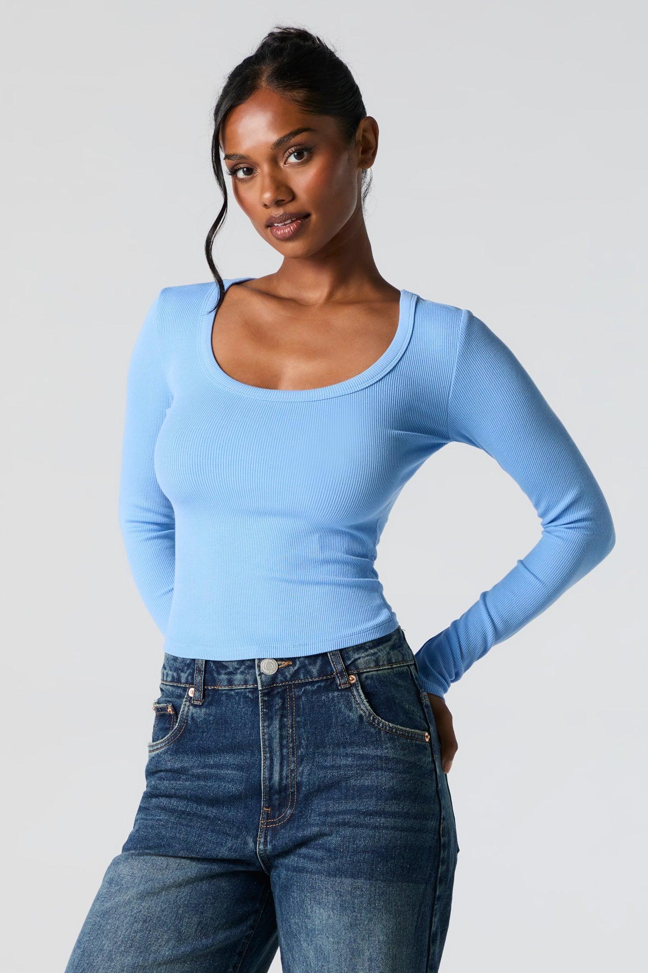 Ribbed Scoop Neck Long Sleeve Top Female Product Image