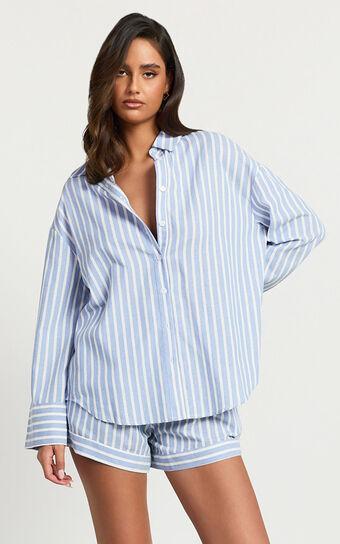 Tori Top - Oversized Button Down Stripe Shirt in Light Blue Stripe Product Image