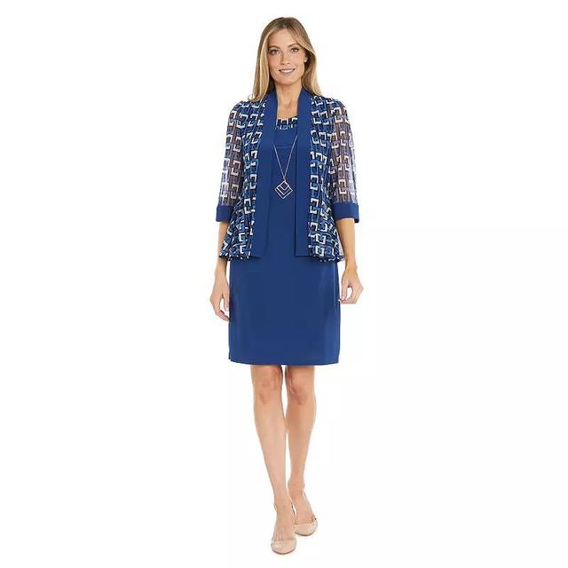 Womens R&M Richards Jacket And Dress Set With Geometric Print Blue White Product Image