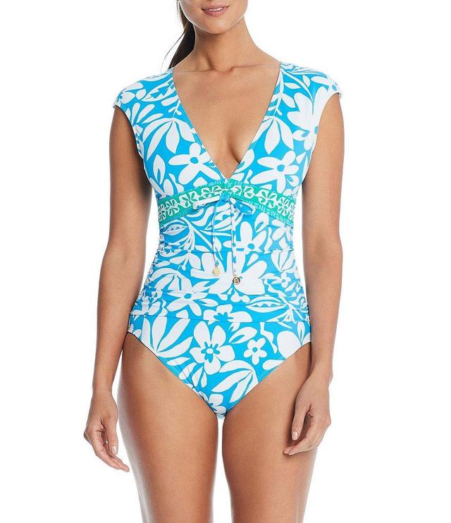 Bleu Rod Beattie Sun Day Fun Day Printed V-Neck Cap Sleeve Shirred One Piece Swimsuit Product Image