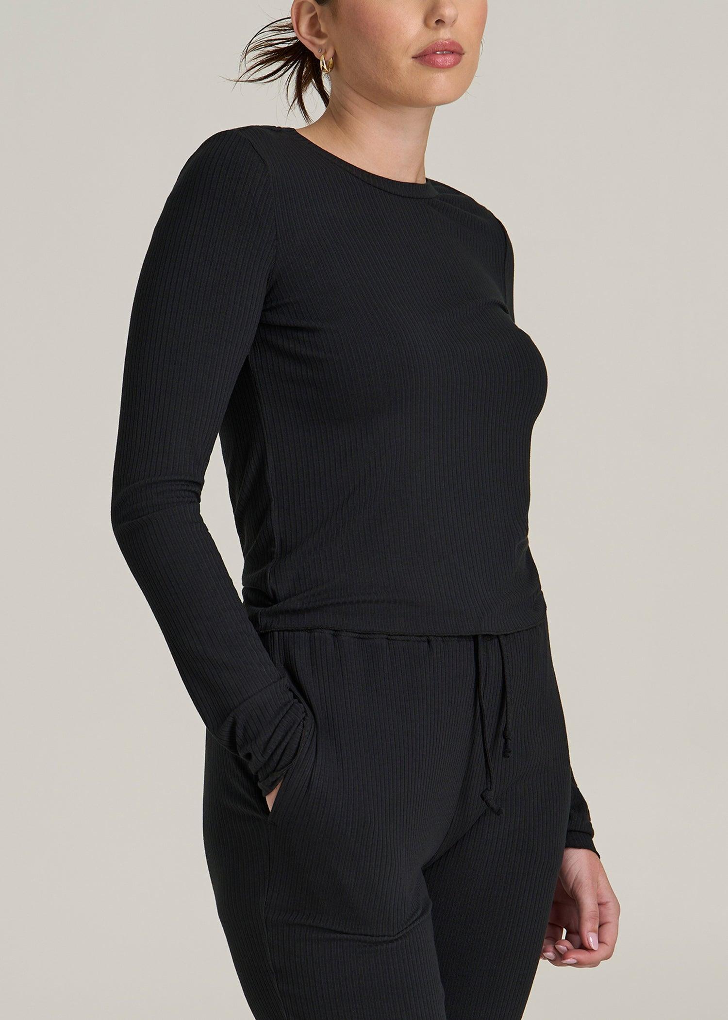 Lightweight Ribbed Cropped Lounge Shirt for Tall Women in Black Product Image