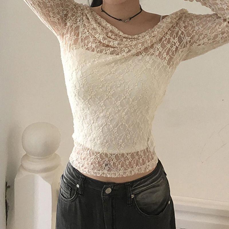 Off-The-Shoulder Long Sleeve Floral Lace Crop Top Product Image