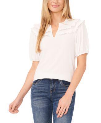 Women's Solid Ruffled Yoke Split Neck Knit Top Product Image