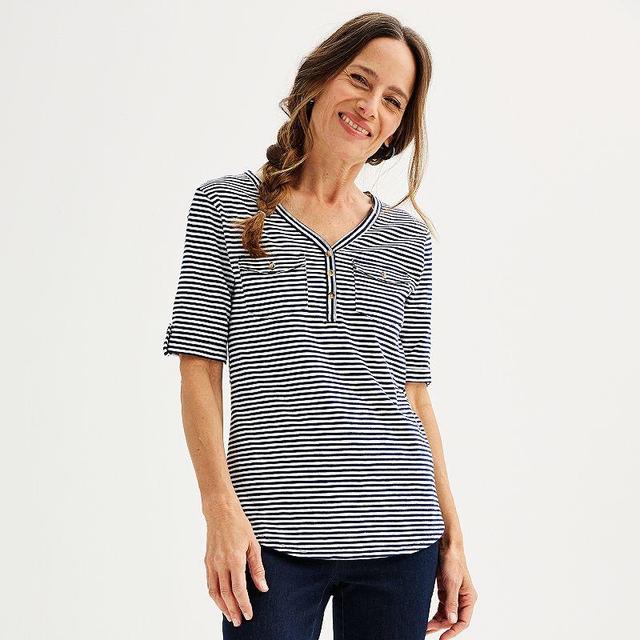 Petite Croft & Barrow V-Neck Utility Chest Pocket Elbow-Sleeve Henley Top, Womens Dark Blue Product Image