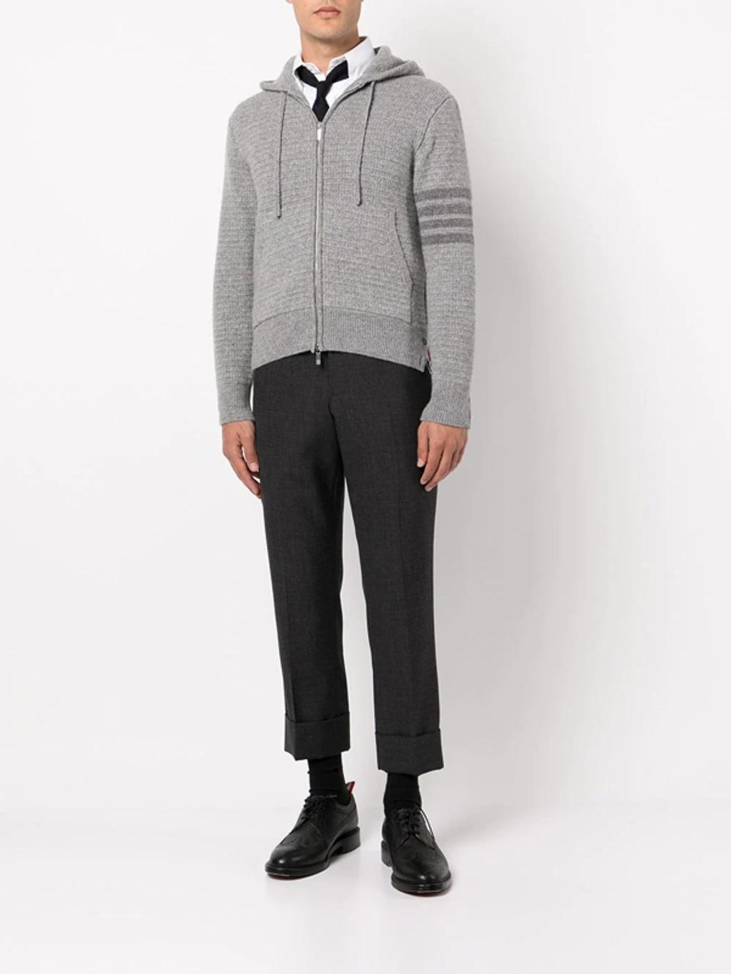 THOM BROWNE Striped Textured Wool And Cashmere-blend Zip-up Hoodie In Grey Product Image