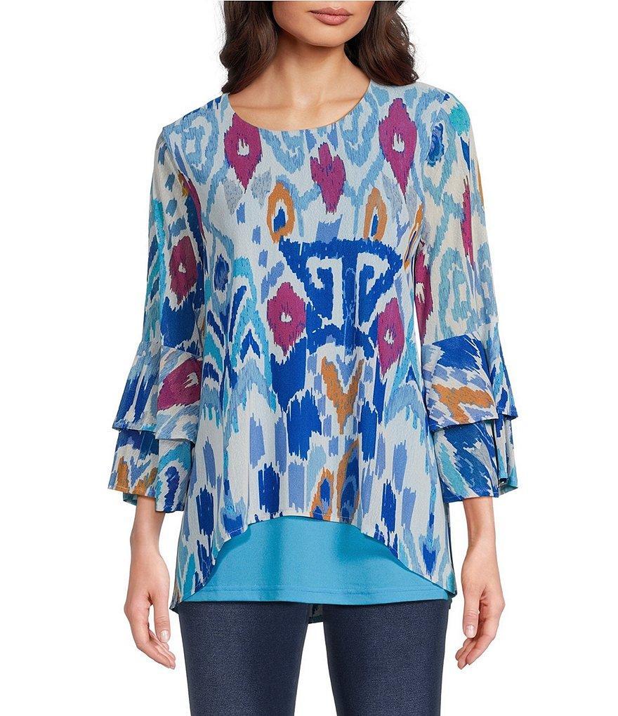 Calessa Abstract Foulard Print Mesh Knit Scoop Neck 3/4 Sleeve High-Low Tunic Product Image