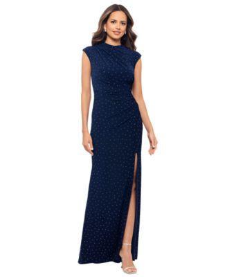 Betsy & Adam Womens Studded High-Neck Cap-Sleeve Gown - Navy Product Image