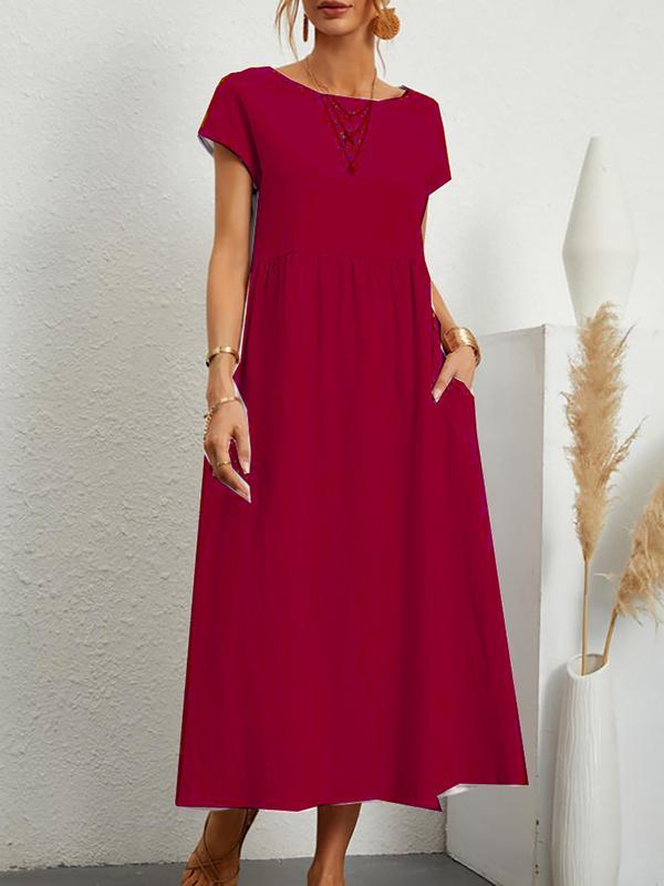 Loose Short Sleeves Pleated Solid Color Round-Neck Midi Dresses Product Image