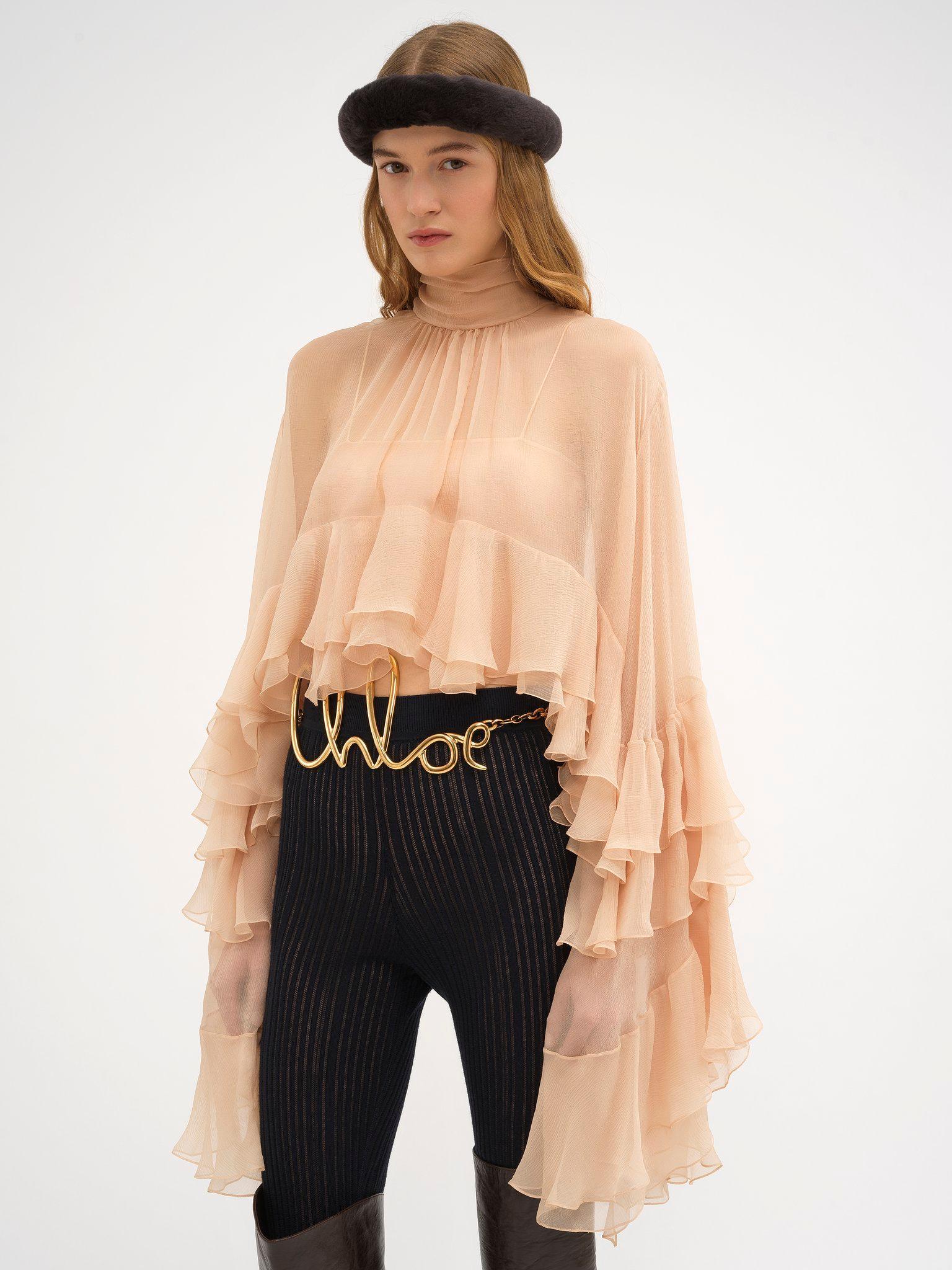 High-low ruffle top in silk mousseline Product Image