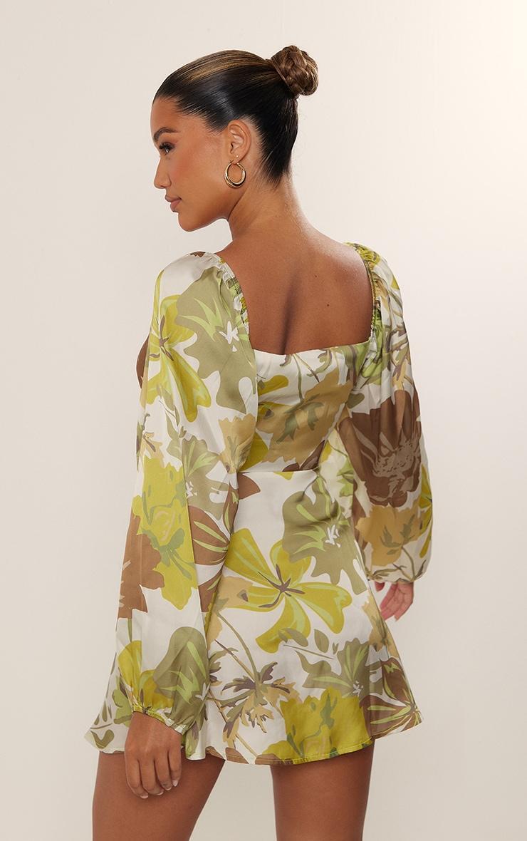 Green Floral Print Satin Cut Out Tie Detail Shift Dress Product Image