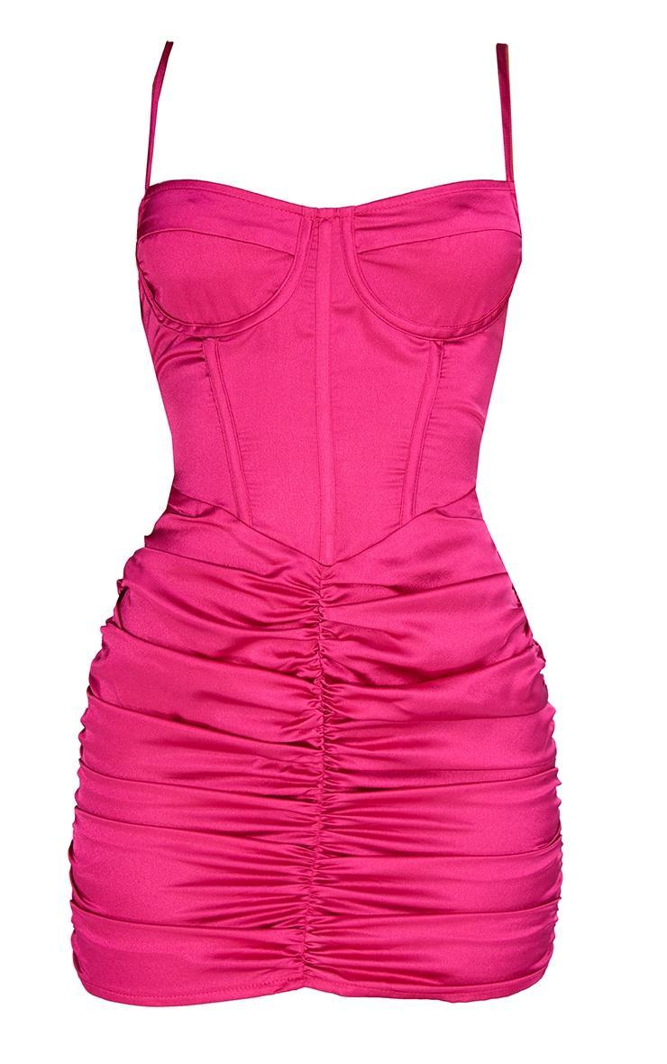 Hot Pink Satin Strappy Corset Detail Ruched Skirt Bodycon Dress Product Image