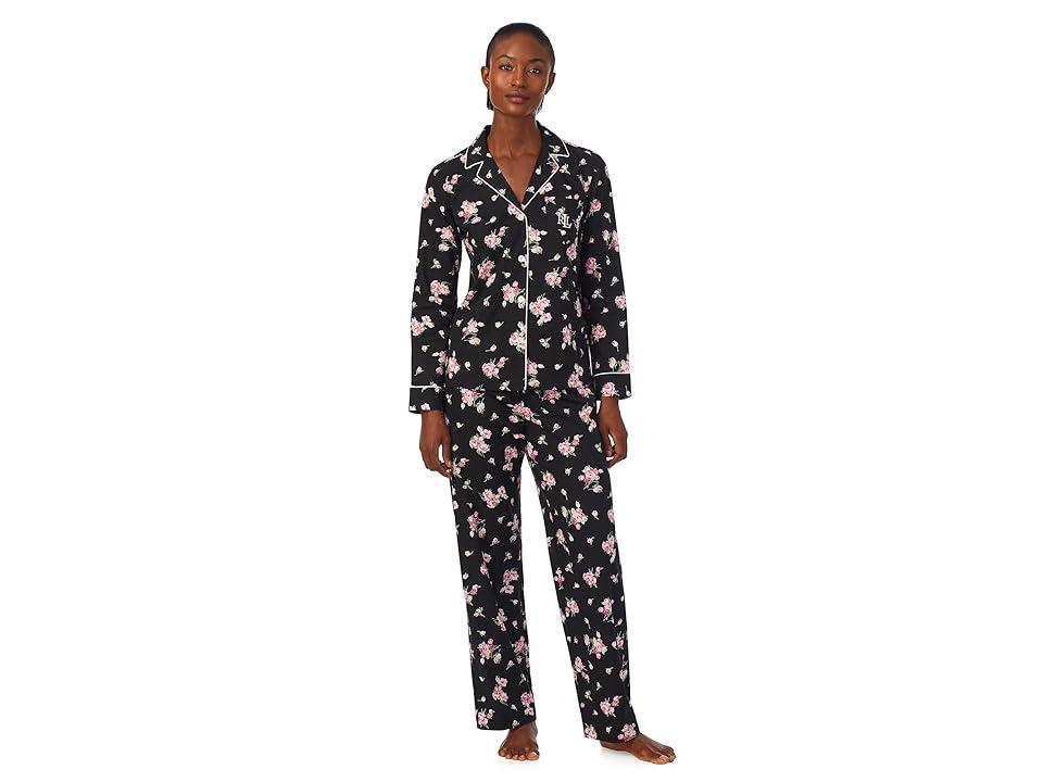 Lauren Ralph Lauren Long Sleeve Notch Collar Long PJ Set (Black Floral) Women's Pajama Sets Product Image