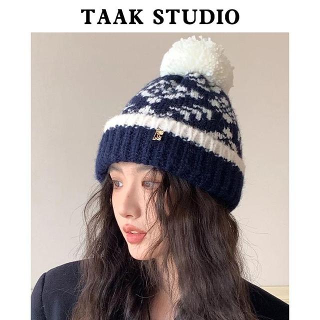 Patterned Pom Pom Knit Beanie Product Image