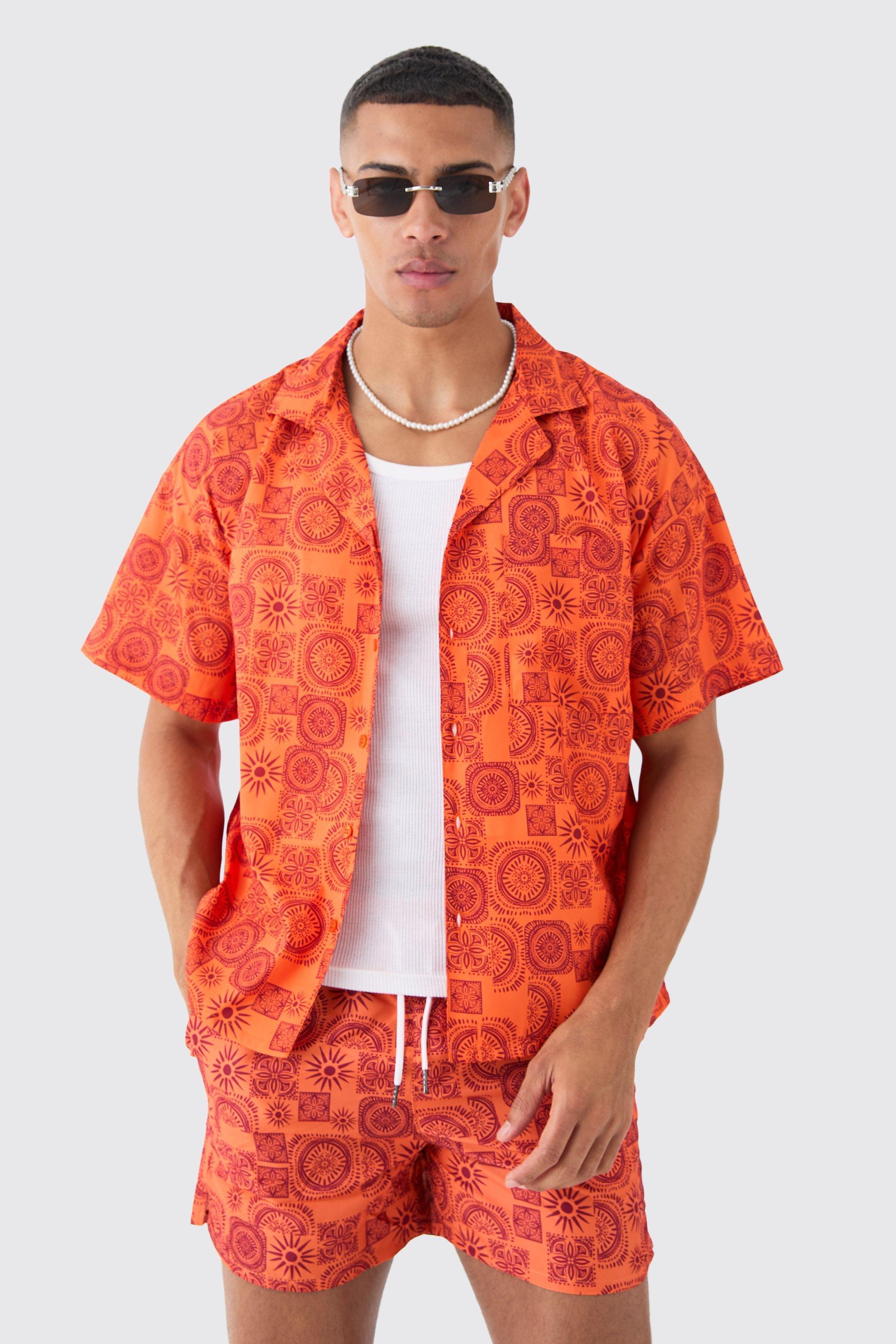 Sun Tile Shirt & Swim Trunks Set | boohooMAN USA Product Image