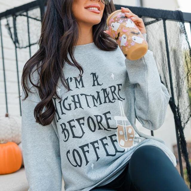 I'm A Nightmare Before Coffee Light Grey Oversized Graphic Sweatshirt Product Image