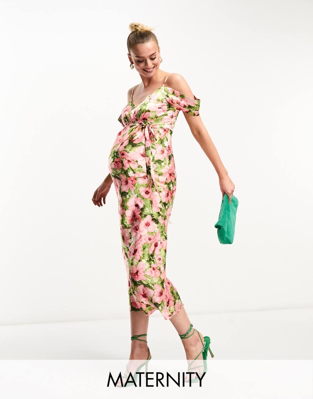 Hope & Ivy Maternity cold shoulder satin midaxi dress in pink floral Product Image