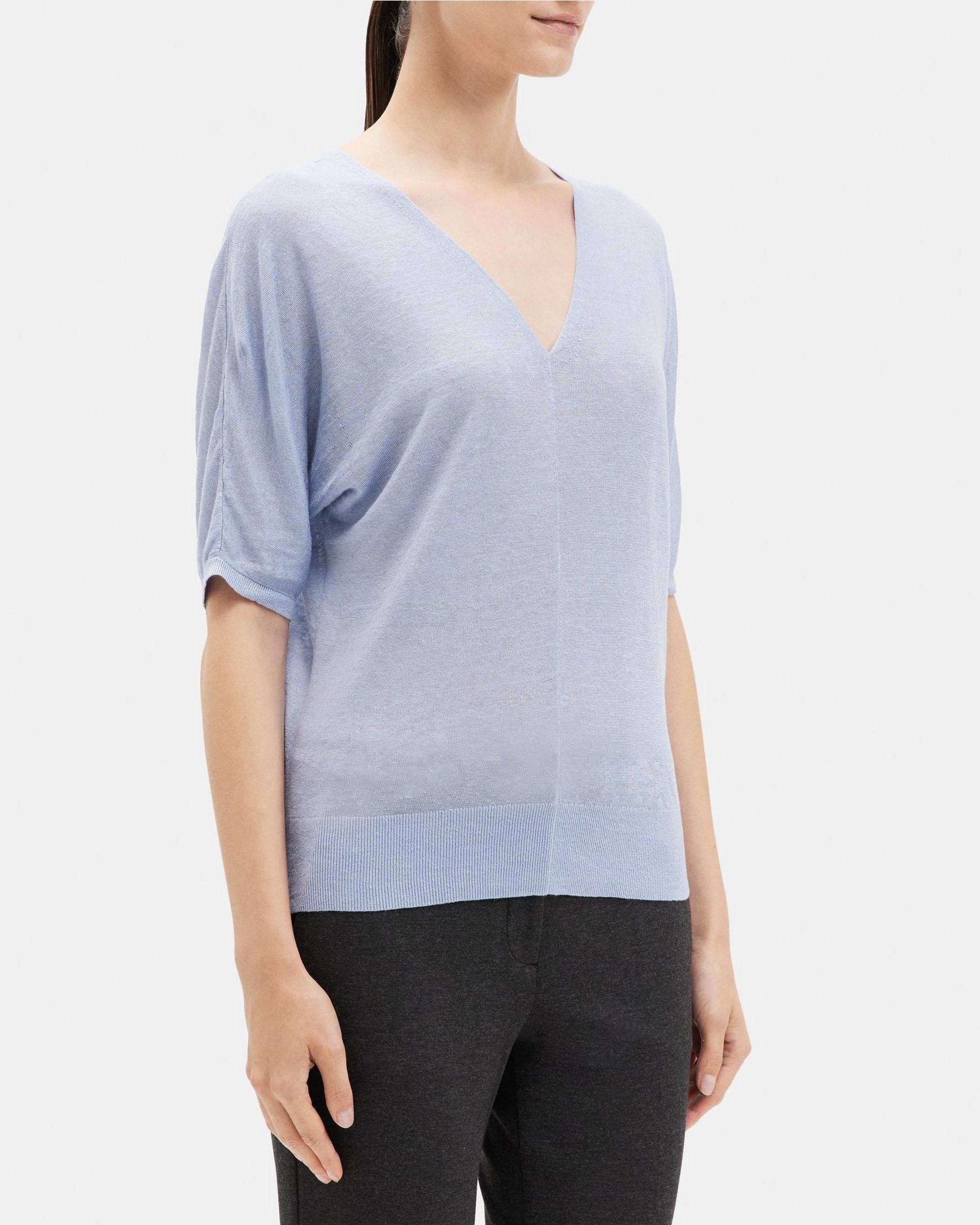 V-Neck Short-Sleeve Sweater in Knit Linen Product Image