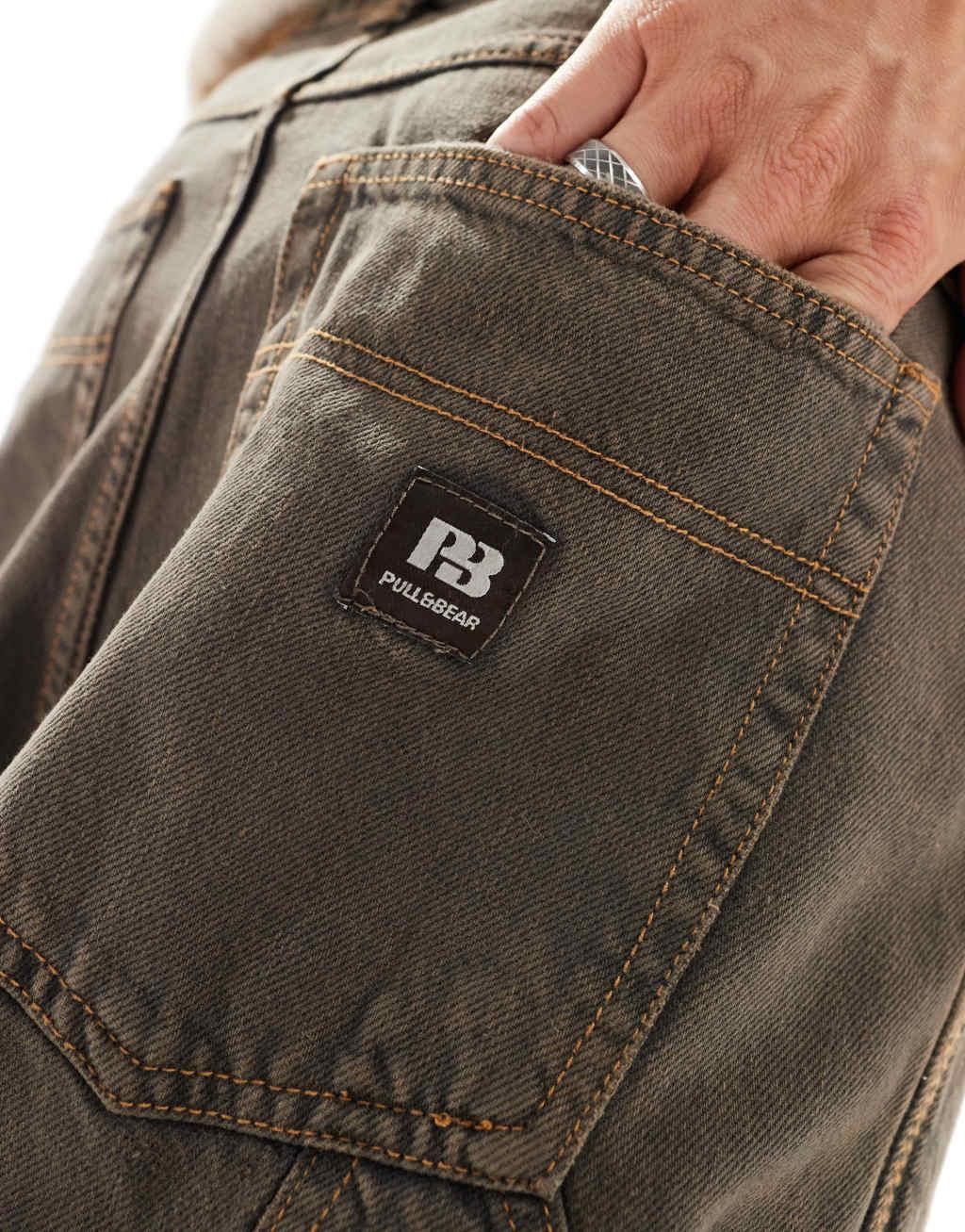 Pull&Bear straight fit carpenter jeans in washed brown  Product Image