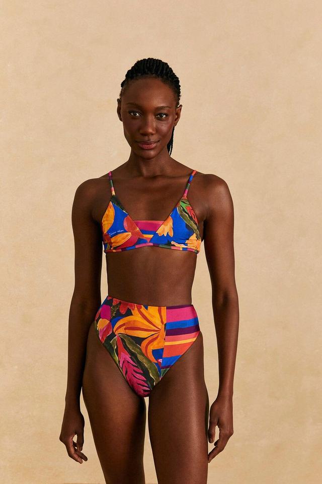 Blue Floral Tropical & Colorful Stripes High Waisted Bikini Bottom Product Image