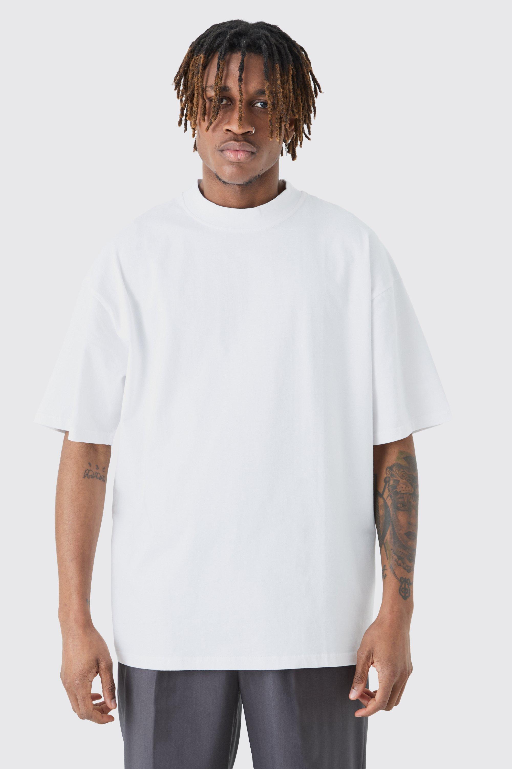 Mens White Tall Oversized Extended Neck T-shirt, White Product Image