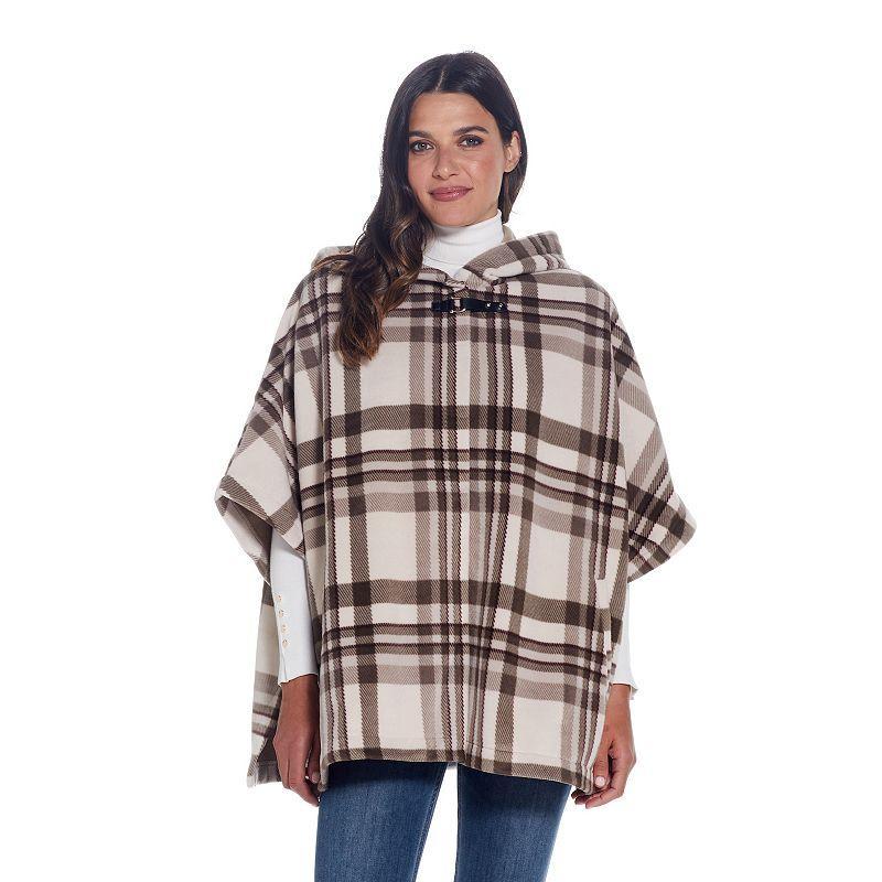 Womens Weathercast Hood Plaid Fleece Poncho, Coriander Ivory Product Image