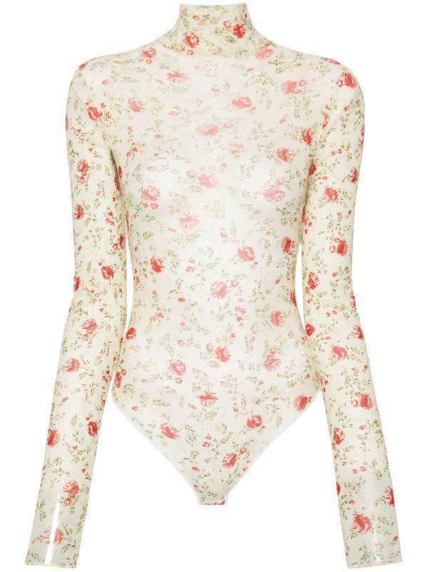 Floral Mesh Bodysuit In Red Product Image