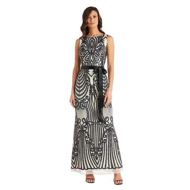 R  M Richards Mesh Sleeveless Boat Neck Self Tie Belt Embellished Sequin Pattern Gown Product Image