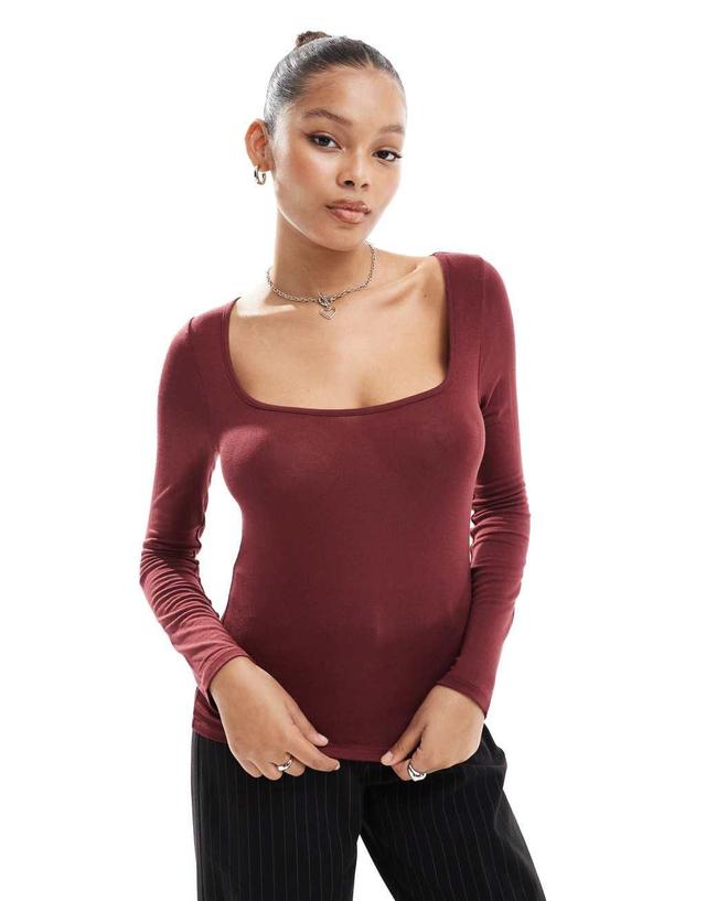 ASOS DESIGN fine knit scoop neck long sleeve top in burgundy Product Image