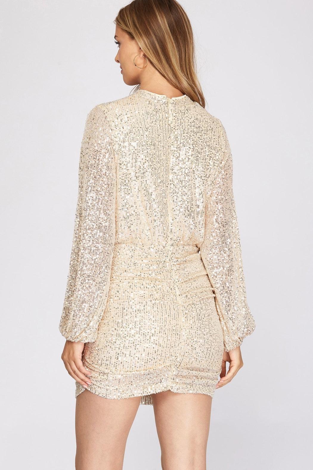 Long-Sleeve Mock-Neck Sequin Dress Product Image