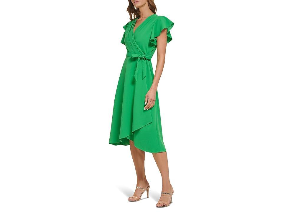 DKNY Flutter Sleeve Faux Wrap Scuba Crepe Dress (Apple Green) Women's Clothing Product Image